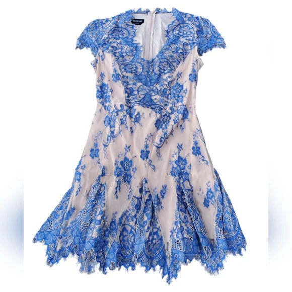✨️HP✨️Bebe Valorie Lace Godet Dress - Blue & Nude Size 6 - Picture 4 of 8